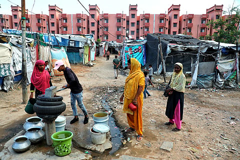 Single tap at a deserted slum. This is the only hand pump from where at least 1,000 people of Islamnagar draw water.